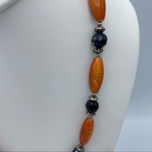 Artisan Handcrafted Orange Silver Tone & Peacock Aurora Borealis Beaded Necklace - Picture 8 of 10
